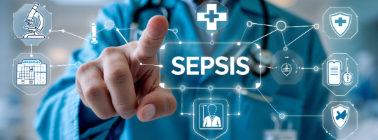 Provider pointing to screen with text sepsis and different parts of the disease proceess