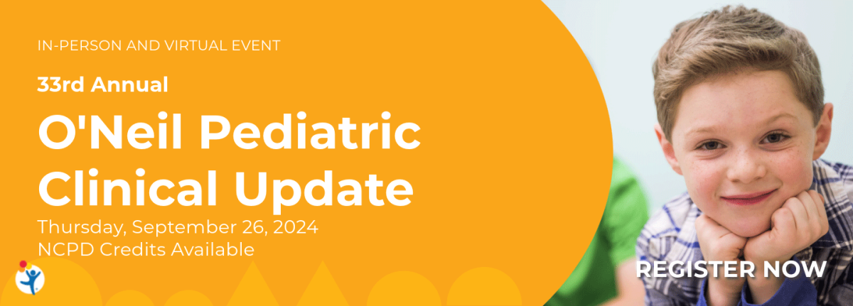 Text In-person and virtual event, 33rd Annual O'Neil Pediatric Clinical Update, Thursday, September 26, 2024, NCPD Credits Available, Register Now, Pre-school or Kindergarten Age Child with short hair with hands resting on elbows